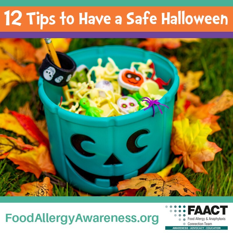 a halloween basket with small toys in it text reads twelve Tips to have a safe halloween