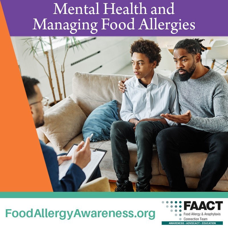 a father and son sit on a couch and talk to a counselor text reads Mental Health and Managing Chronic Allergies