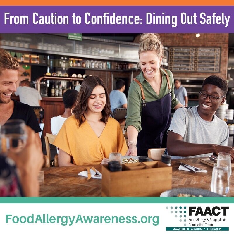 "From Caution to Confidence:  Dining Out with Food Allergies" with waitress serving table